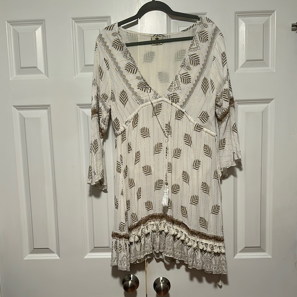White & Gold Bohemian Leaf Print Dress One of a Kind